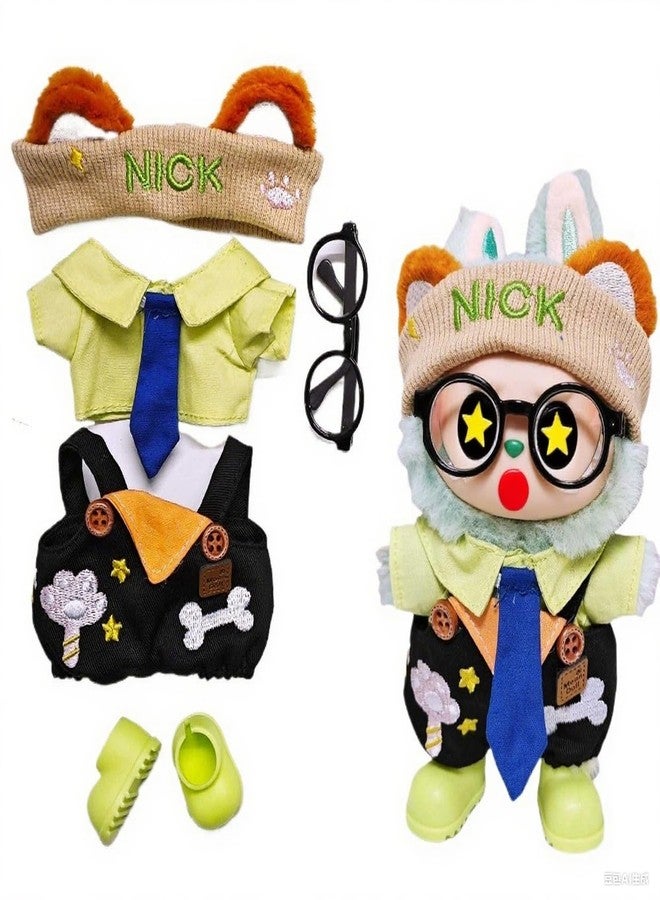 WASTROYAL Fit Labubu Outfit Set 1, 2 & 3 - Star and Bone Print Overalls with Tie, Trendy Doll Costume for Collectors and Toy Lovers (Black) - Image 1